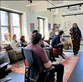 Former Artist-in-Residence Angel Bat Dawid engages Northwestern students and staff during a studio visit.